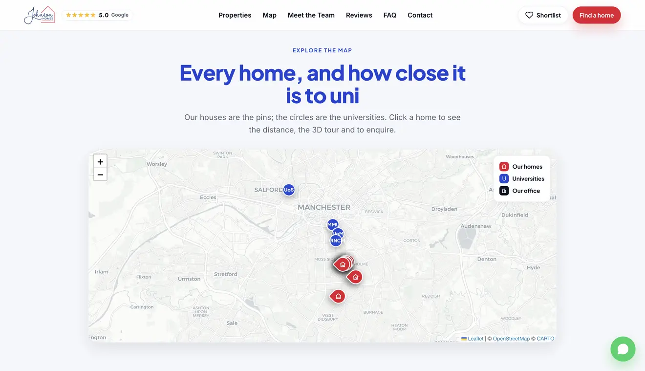 Johnson Homes — interactive map showing every home against every university
