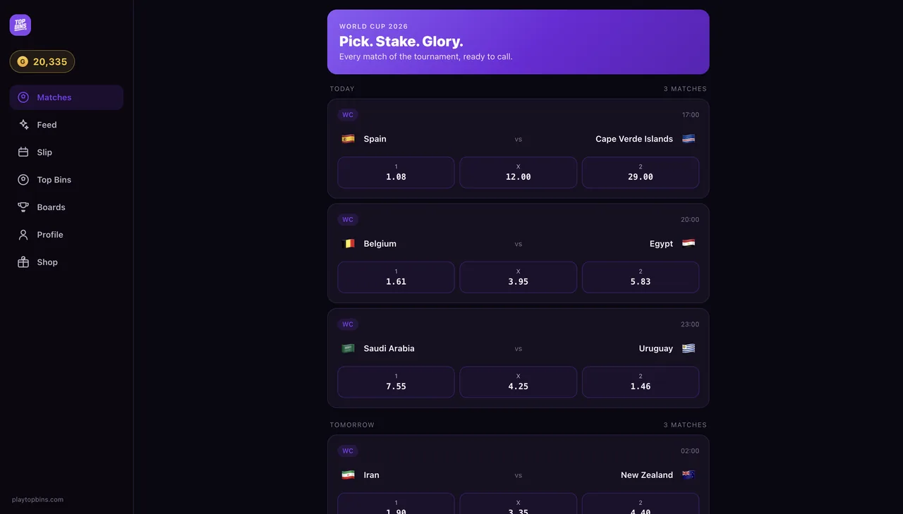 Top Bins web app — World Cup 2026 match list with live odds